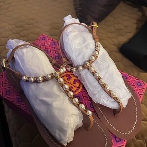 Tory Burch Tan Sandals with Pearl Embellishments